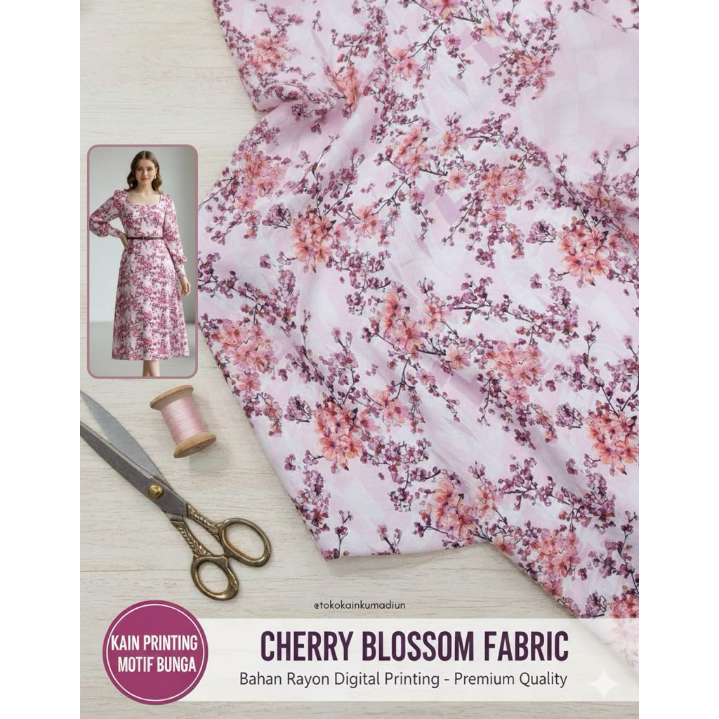 Kain Rayon Viscose Motif Bunga Sakura Jepang - Bahan Mukena & Daster Adem (Lebar 1.5m)