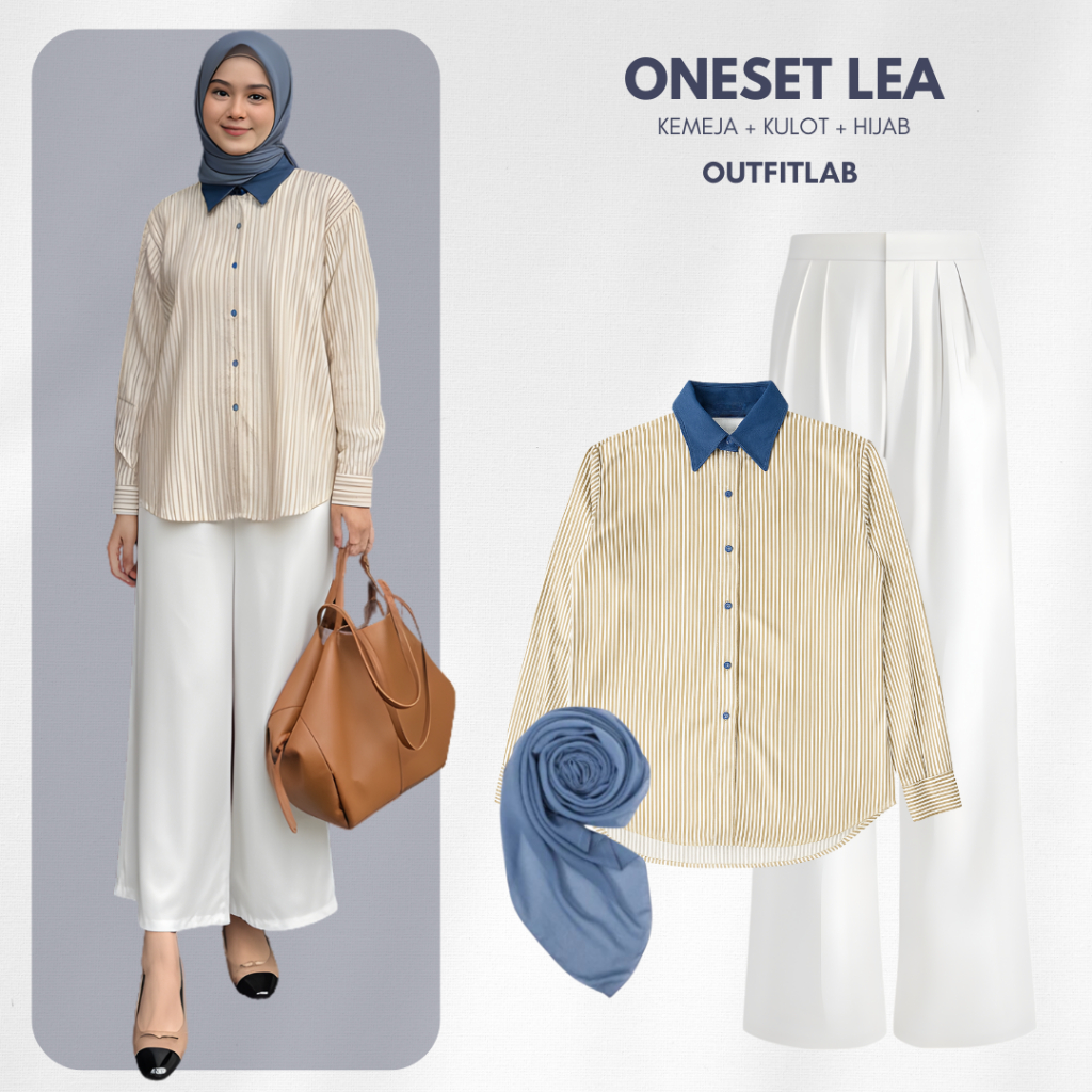 Outfit Set Lea Setelan Wanita Kekinian ( Kemeja Stripe + Kulot + Hijab ) One Set OOTD Hijab Casual