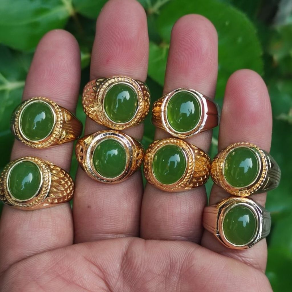 Cincin batu akik Hijau Lumut Sungai Dareh pucuk pisang Ring Titanium hitam anti