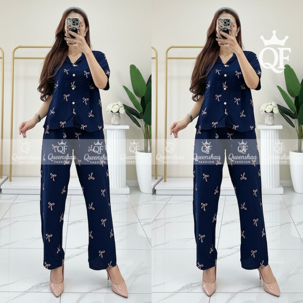 Oneset Wanita Motif Pita Kancing Busui Friendly / Setelan Wanita Celana Kulot Panjang Lengan Pendek
