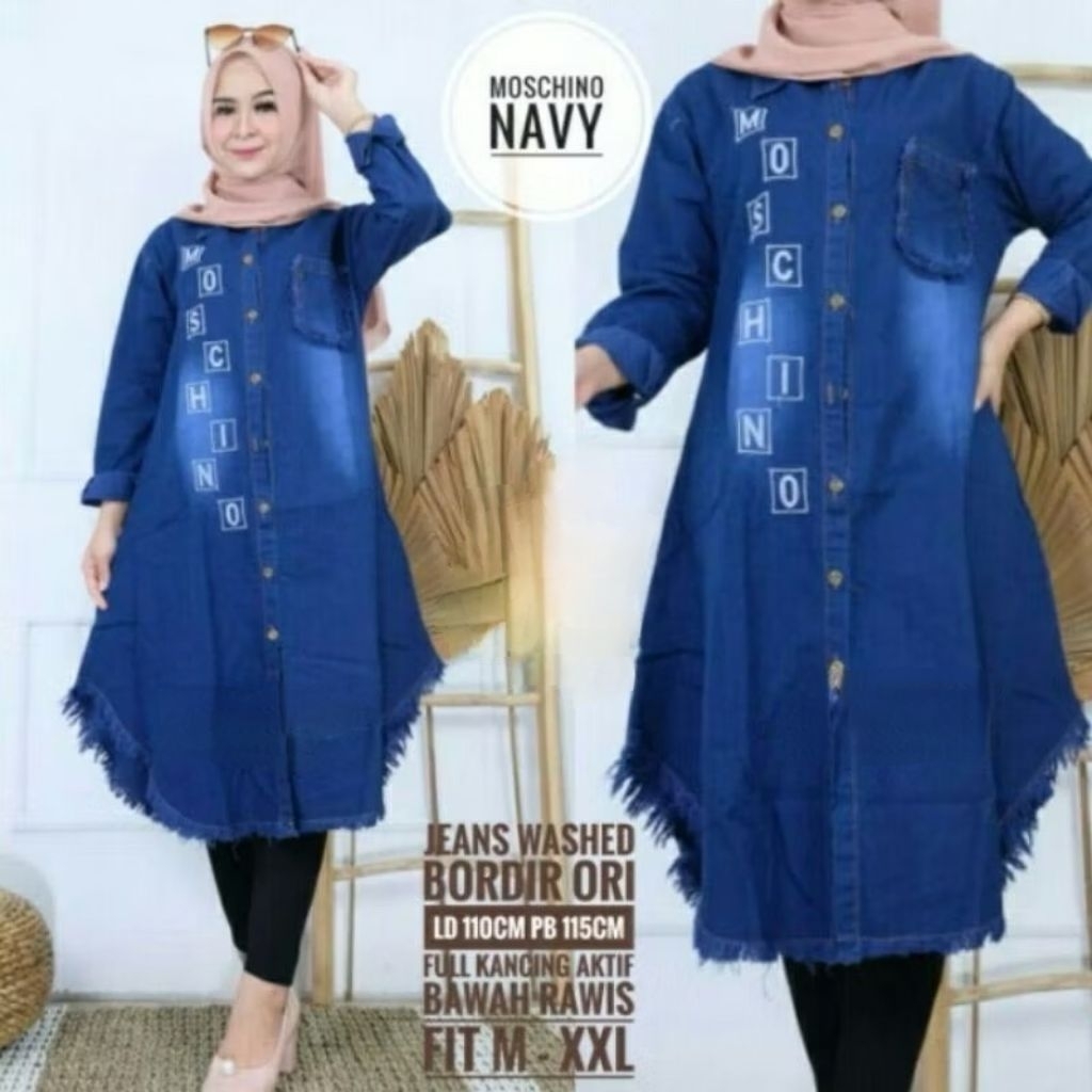 Moschino Navy Tunik Long Jeans Wanita Tunik Bordir Rawis