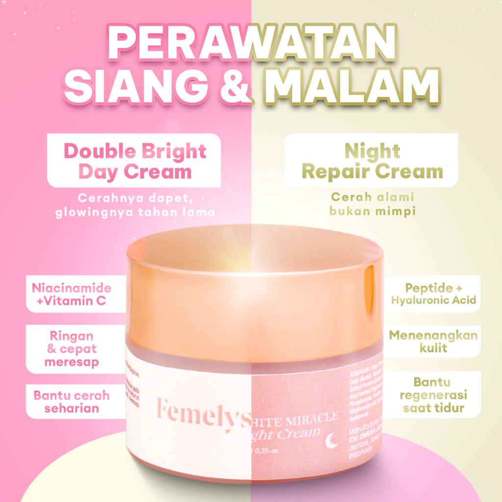 Femelys Set Perawatan Siang & Malam | Double Bright Day Cream + Deep Repair Night Cream | Krim Mence