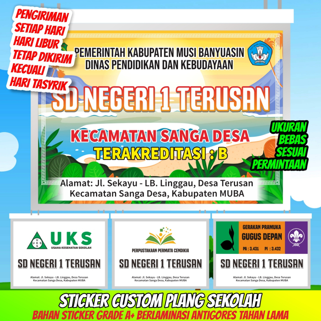 Sticker untuk plang sekolah SD SMP SMA yayasan perushaan plat besi bidang datar kaca akrilik berlami