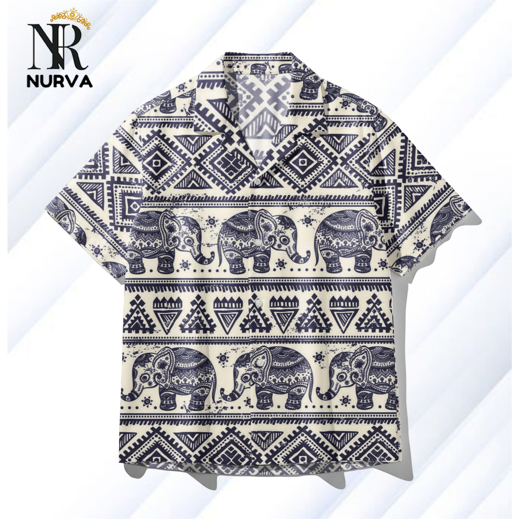 NURVA Kemeja Full Print Pria Wanita Motif Mihu-Mihu Etnik Gajah Thailand Tribal – Kemeja Hawai Casua