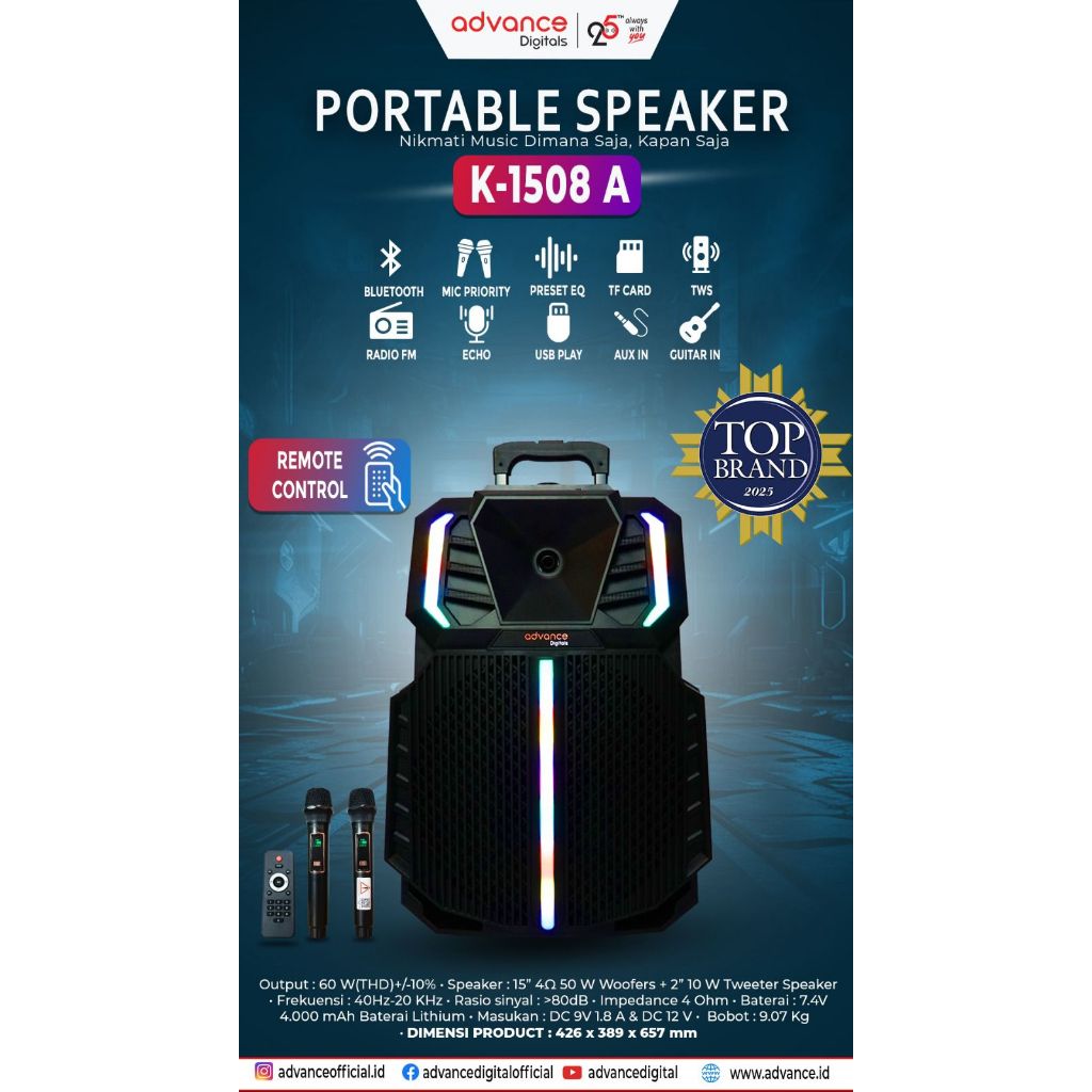 Speaker Advance K1508A / K-1508A Meeting Bluetooth Salon + 2 Mic Wireless Salon Aktif 15 inch