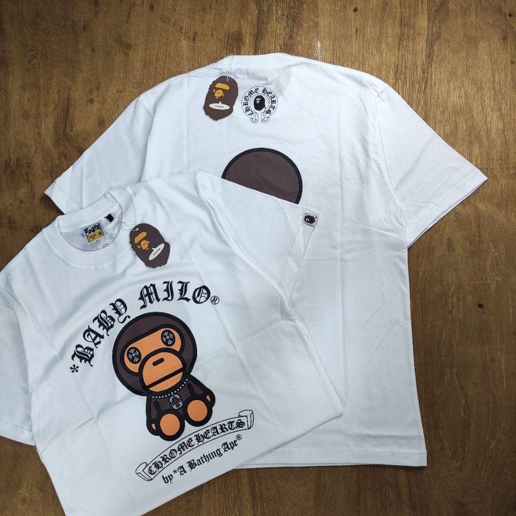KAOS TSHIRT TEES A BATHING APE BAPE X CHROME HEARTS LOGO BABBY MILLO MULTYCOLOUR LEGEND BASIC PRINTE