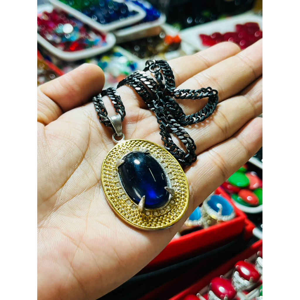 Batu akik king shappire jumbo model kalung liontin titanium