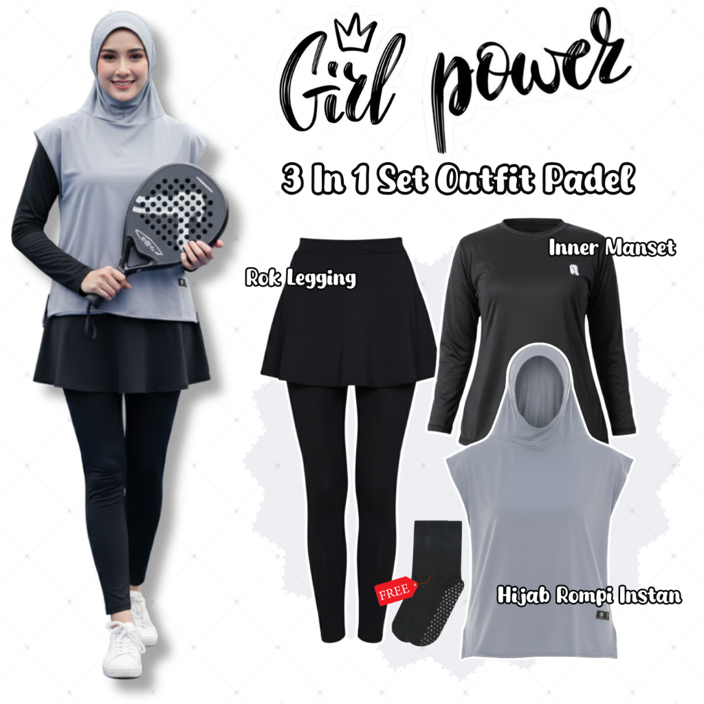 Outfit Olahraga Wanita Hijab ( Hijab Rompi + Inner + Rok Legging ) OOTD Padel , Tennis | AS159