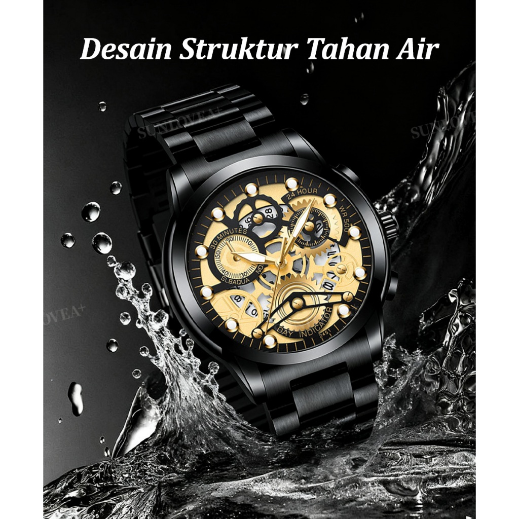 NEW DEALS SUNLOVEA+ EMAS PRIA JAM TANGAN PRIA BESAR EMAS JAM TANGAN TAHAN AIR TINGGI PRIA BAJA TALI