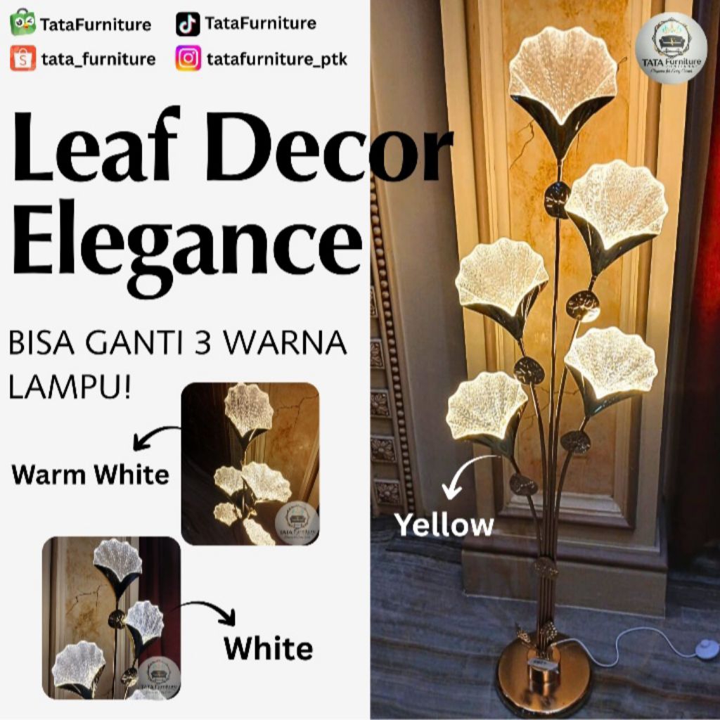 Standing Lamp Hias Daun Gold LED 3 Warna | Lampu Hias Lantai Model Daun | Lampu Sudut Ruangan Esteti