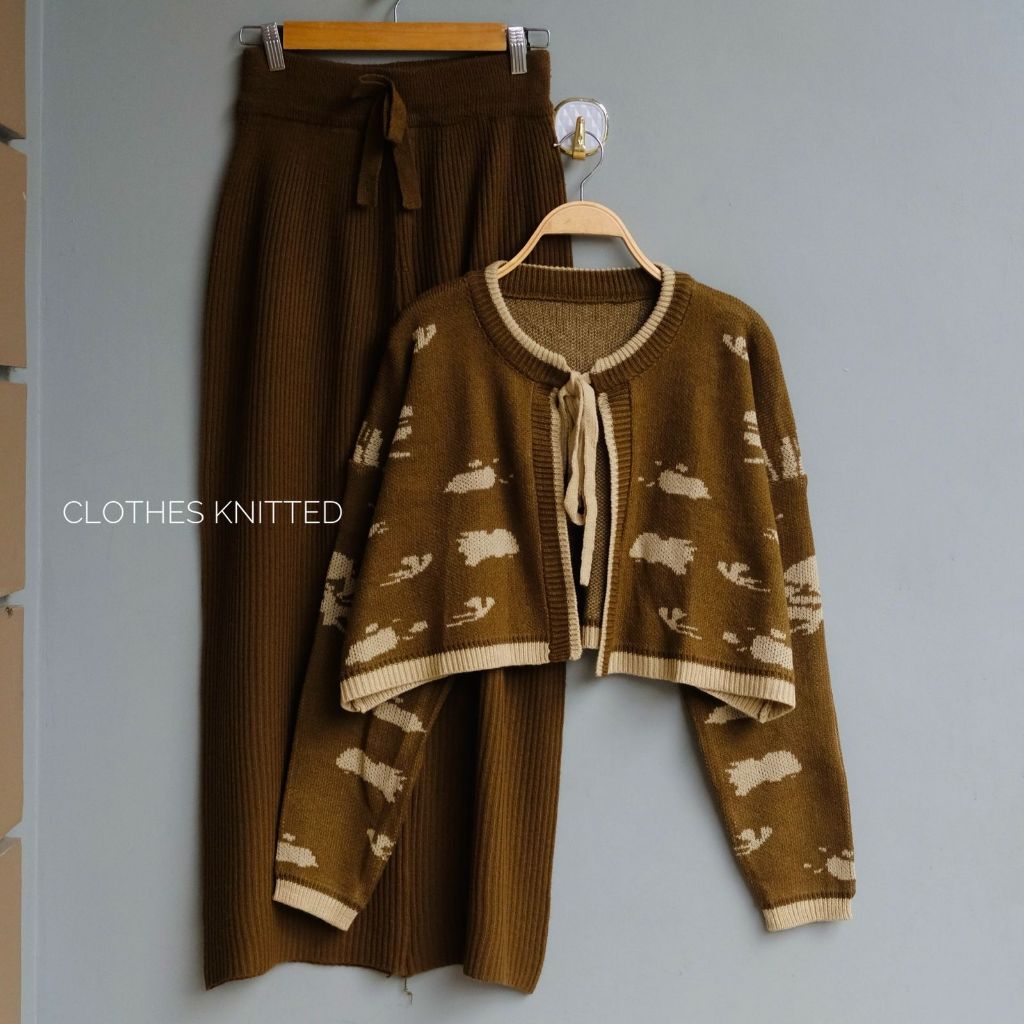 Oneset Cardigan Rajut Setelan Celana Kulot Rajut Wanita