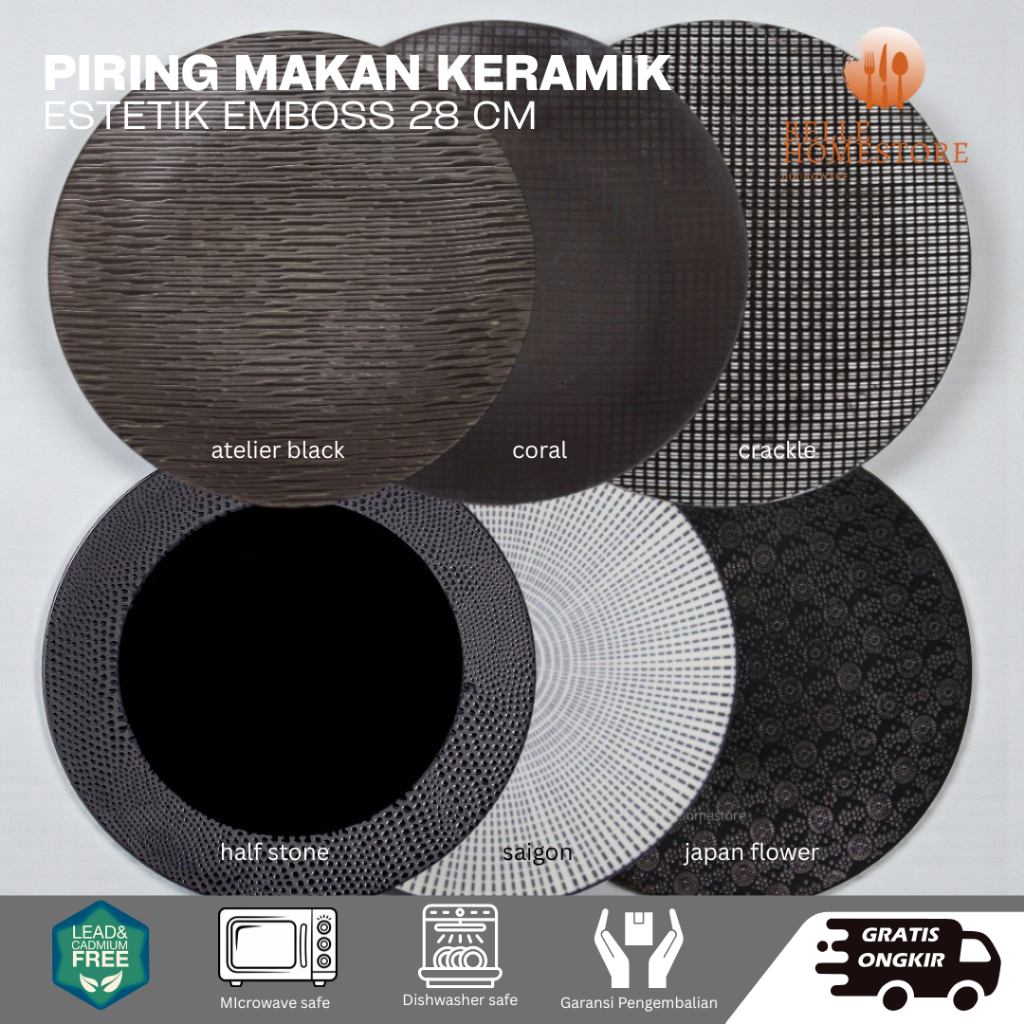 Piring Makan Keramik Motif Estetik Hitam / Black Dinner Plate 27.5cm by Belle.Homestore