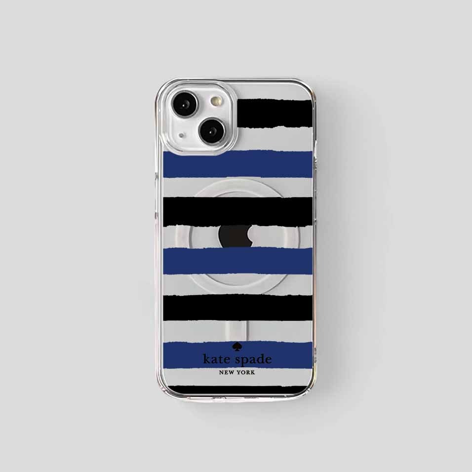 Case iPhone Kate Spade Black Blue Stripes KS005 Clear Case Magsafe 17 Pro Max 16 15 14 Plus 13 12