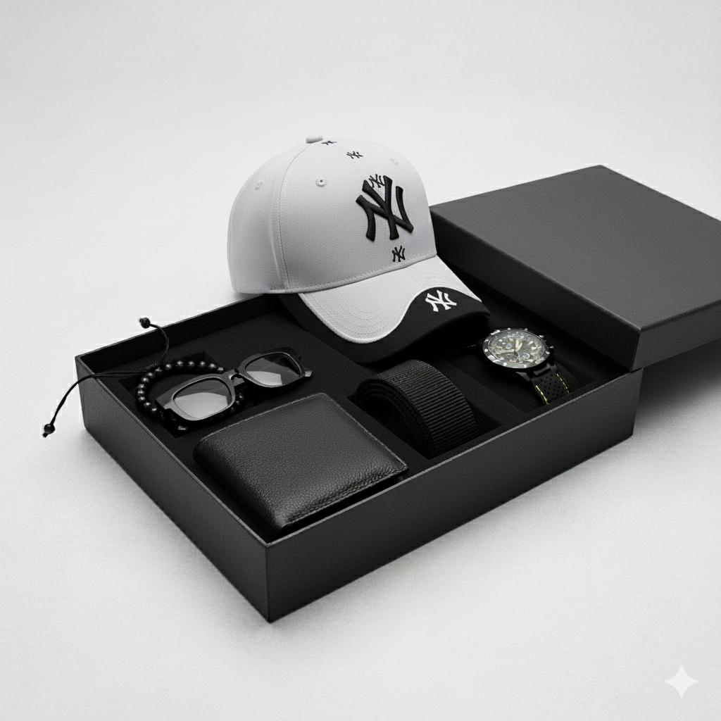 Set Komplit Aksesoris Pria 6in1 | Gift Box Exclusive Kado Ulang Tahun Cowok | Dompet Jam Tangan Topi