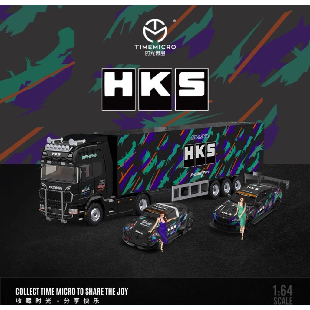 TIME MICRO 1:64 SCANIA CONTAINER TRUCK + BMW M4 + VOLKSWAGEN BEETLE + 2 FIGURES FULL SET HKS EDITION