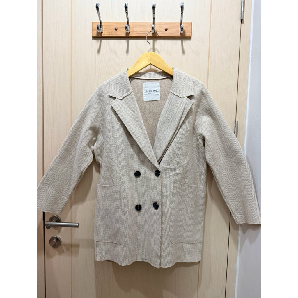 Winter Coat Wool Ivory Motif Herringbone