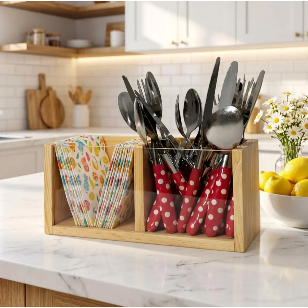 Tempat Sendok Garpu Kayu 2 Sekat Rak Sendok Cutlery Holder Rak Tempat Sendok Aesthetic