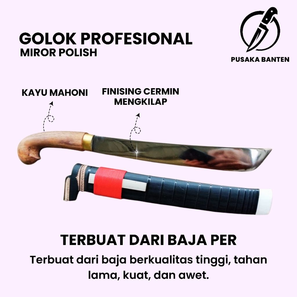 Golok Kerja Kebun Sembelih Tajam Baja Karbon - Miror Polish Original Pusaka Banten