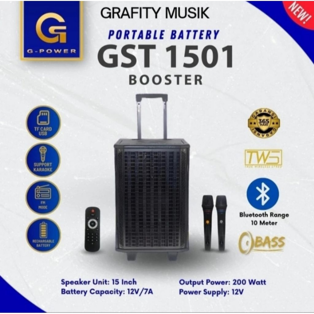 SPEAKER PORTABLE BLUETOOTH G-POWER GST-1501 BOOSTER UKURAN 15 INCH