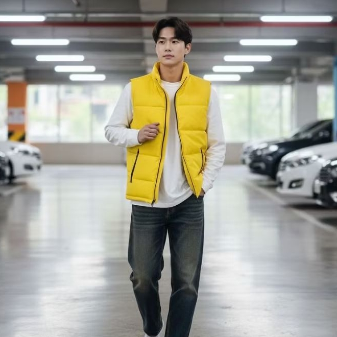 jaket rompi pria parasut tebal kerah kuning tua