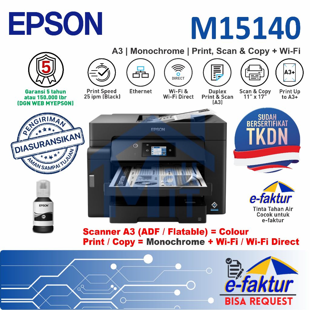 MALLIT EPSON Printer Epson M15140 Epson M-15140 M 15140 A3 Wifi Duplex Monochrome Resmi Medan