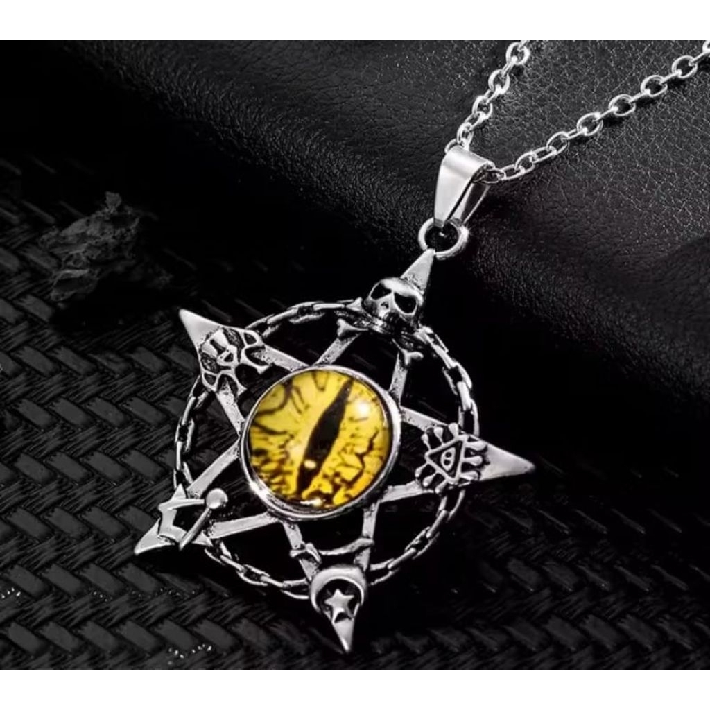 MAINAN KALUNG PRIA DAN KALUNG BESI PUTIH KEKINIAN HIP HOP MODEL BINTANG MATA KUCING WARNA KUNING DAN