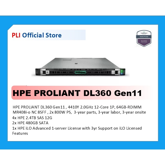 HPE PROLIANT DL360 Gen11, 4410Y 2.0GHz 12-Core 1P, 64GB-RDIMM MR408i-o NC 8SFF, 800W PS, 3-year part