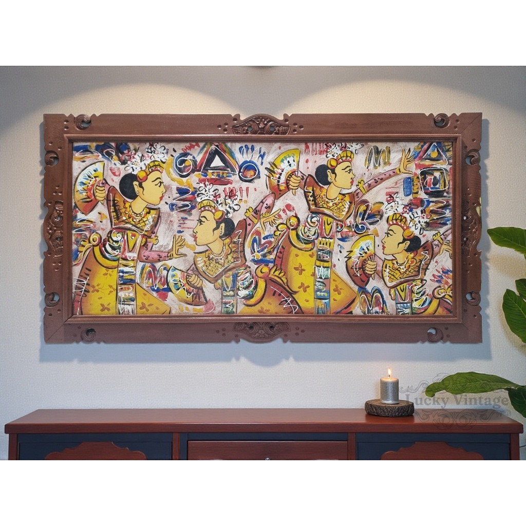 Vintage Lukisan Oil Painting Empat Penari Bali Frame Ukir Kayu Lawas