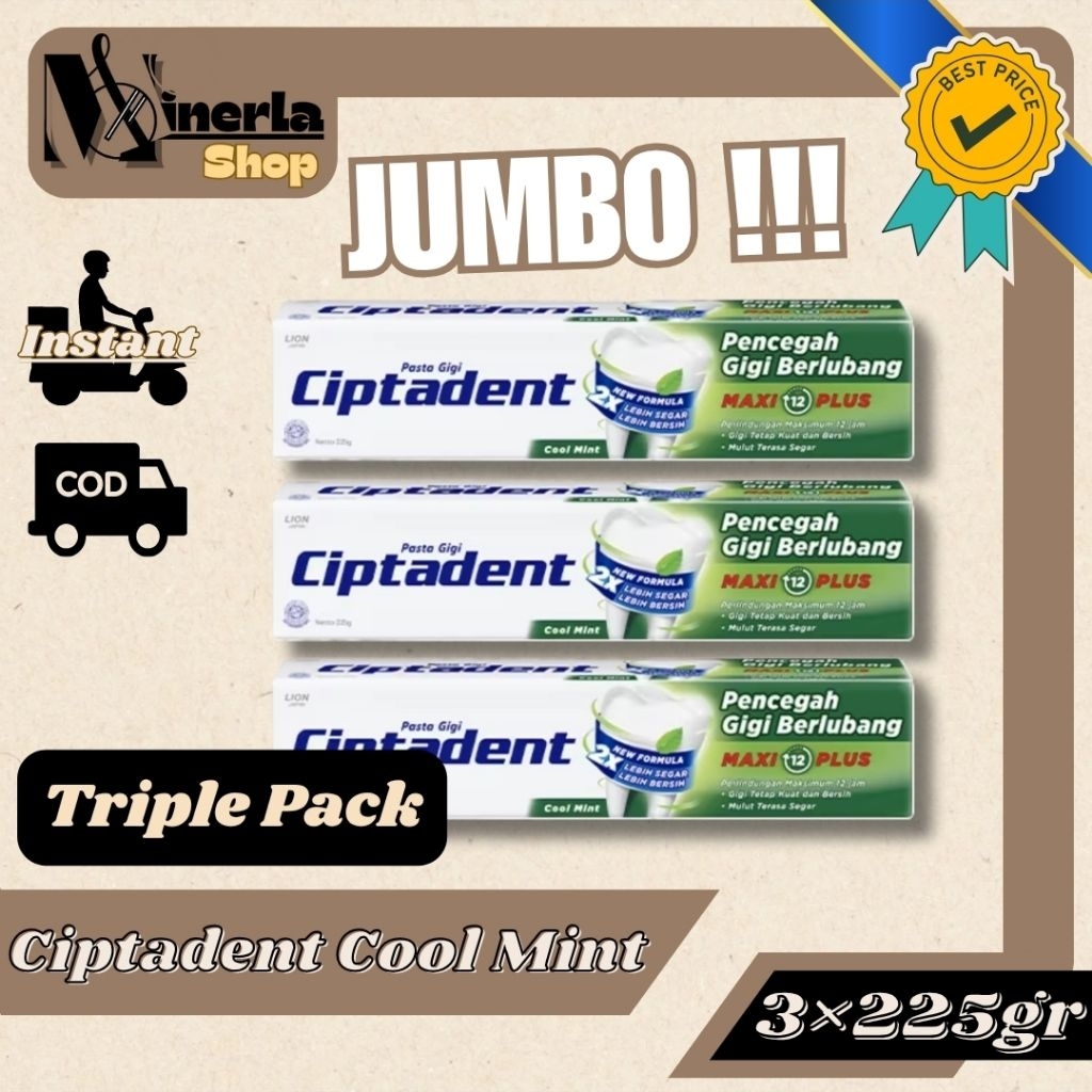 [Paket TriplePack] Ciptadent Pasta Gigi MAXI 12 Plus JUMBO Hijau Cool Mint 225gr x3