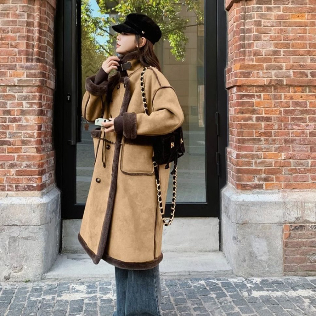 COAT WOOL LAMB SUEDE WANITA INNER FUR WINTER MUSIM DINGIN JAKET