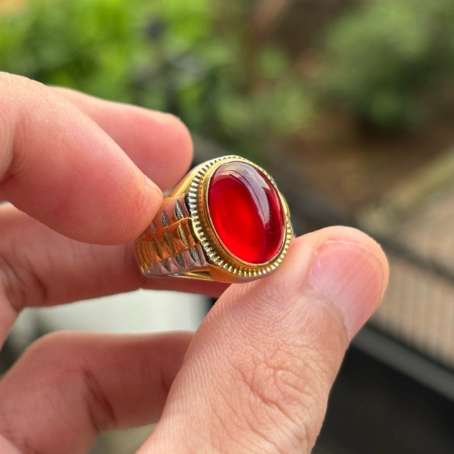 cincin Batu merah delima keren ring titanium kombinasi