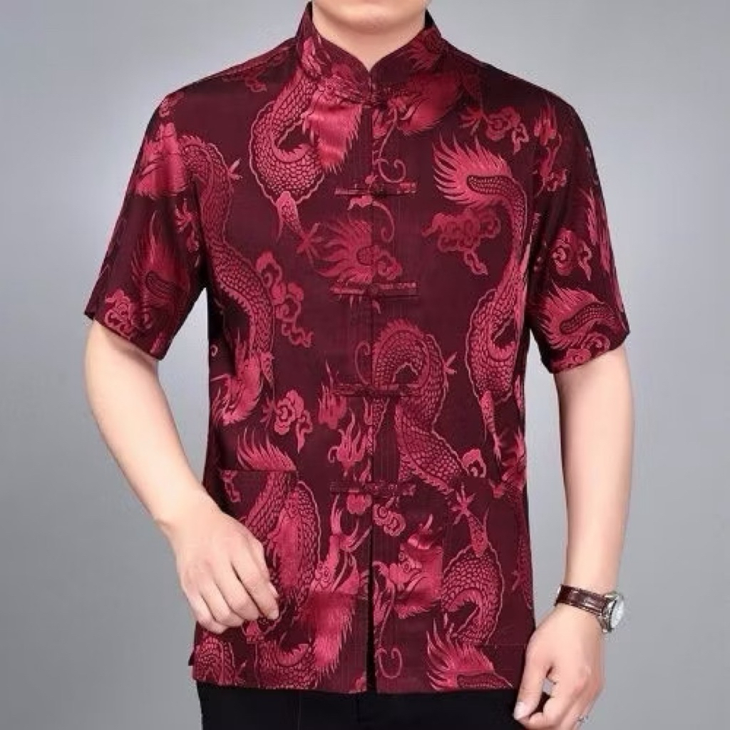 Promo Baju Imlek Cheongsam Pria Motif Naga Satin Sutera Import
