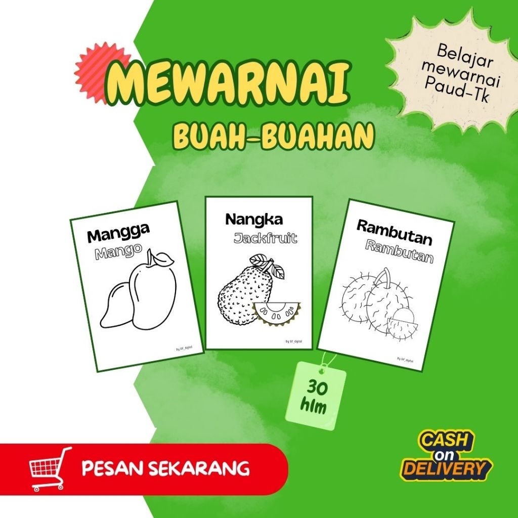 30 Lembar Kertas Mewarnai/Worksheet Mewarnai untuk Anak Paud-TK
