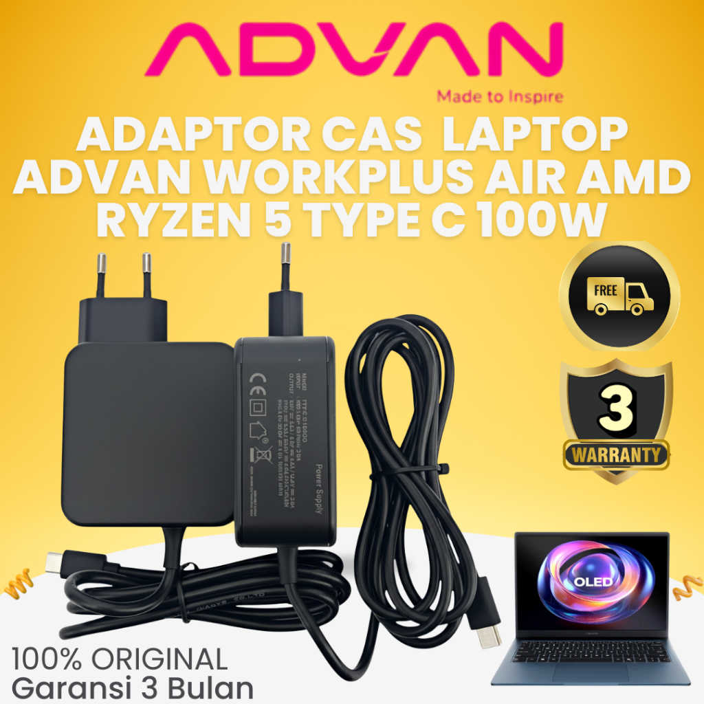 CAS ADAPTOR LAPTOP ADVAN WORKPLUS AIR AMD RYZEN 5 TYPE C 100W GARANSI 3 BULAN