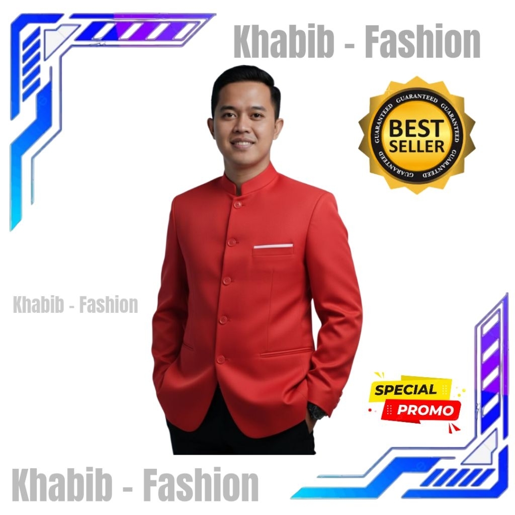 JAS KOKO JASKO MANDARIN PRIA WARNA MERAH CABE LIST SAKU PUTIH