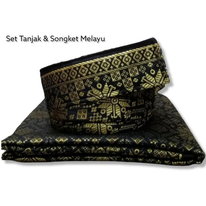 DISKON SET TANJAK DAN SARUNG SONGKET KHAS MELAYU RIAU OREN PUCUK REBUNG READY STOCK