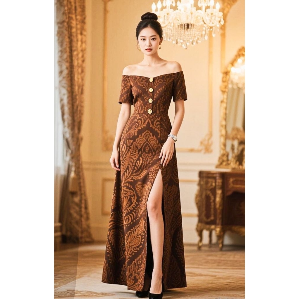 gaun batik, gaun custom, gaun kondangan, gaun Sabrina, jahit gaun, baju custom,