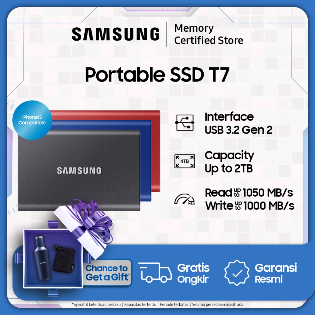 Samsung Portable SSD T7 USB 3.2 Gen 2 - SSD Eksternal - 1TB / 2TB / 4TB