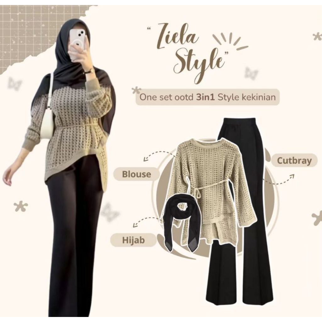 Setelan Wanita Remaja Kekinian Simple / Ootd One Set (Blouse + Hijab Paris + Celana Cutbray) / Setel