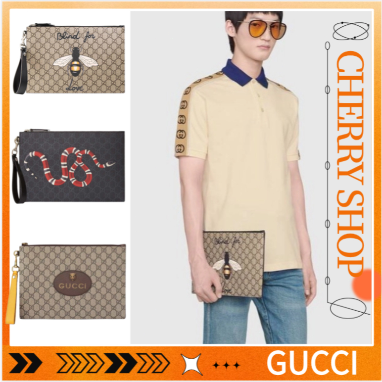 100% authenti GUCCI bee print GG Supreme canvas clutch Men's Clutch