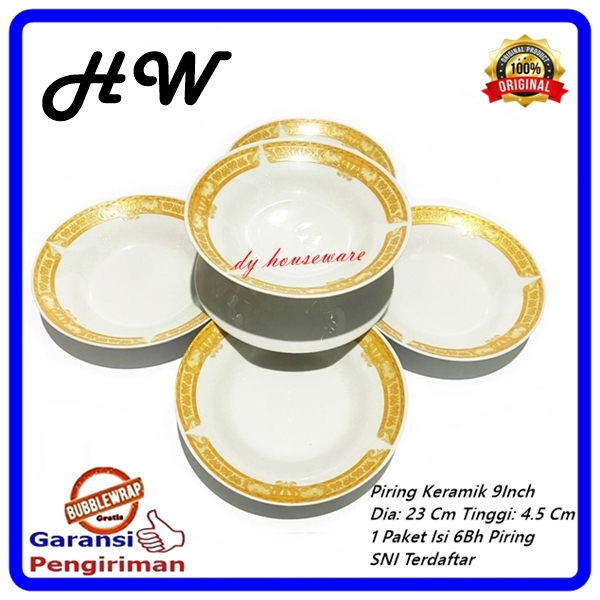 Piring Makan Keramik 9 Inch Diameter 23 Cm Piring Makan Mahkota Gold SNI ( Harga 1 Paket 6bh Piring 