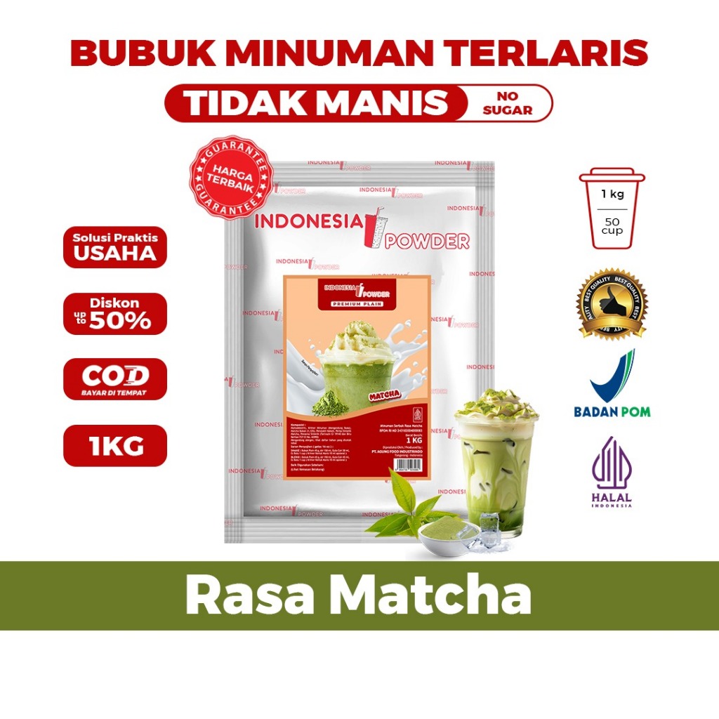 Bubuk Matcha Tanpa Gula 1 Kg untuk Usaha Minuman Teh Hijau Plain