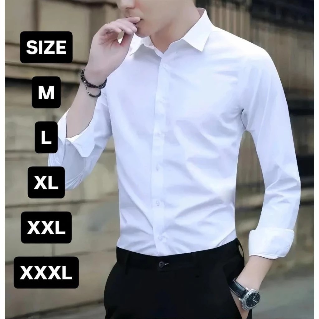 Boss Kemeja Polos Pria Lengan Panjang Putih Hitam.