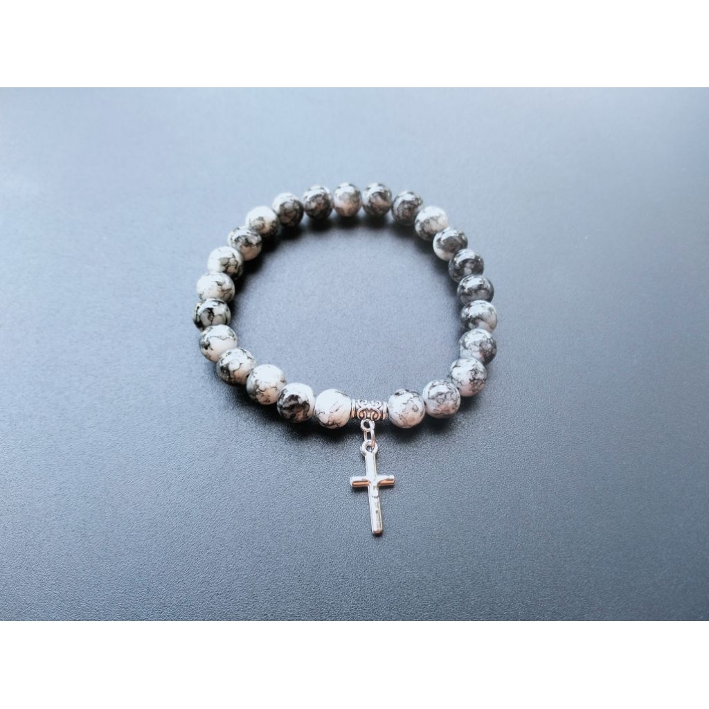 G789 GELANG SALIB MUTIARA BERAT KRISTAL KACA GIOK MOTIF BATU ALAM KATOLIK