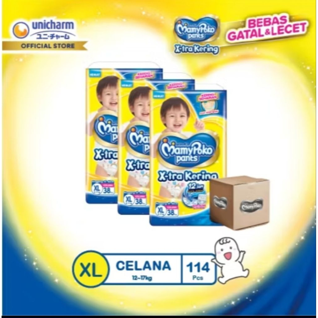 Pampers MamyPoko Pants Xtra-Kering 1 KARTON ISI 3 BALL S38  L28 M32 XL26 XXL24