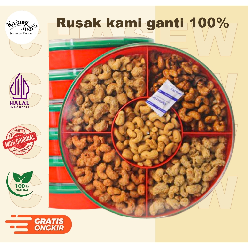 Camilan Kacang Mede Toples 5 Rasa Premium Ukuran 900gram Campuran (Mede Utuh dan Belah Dua) - Kacang