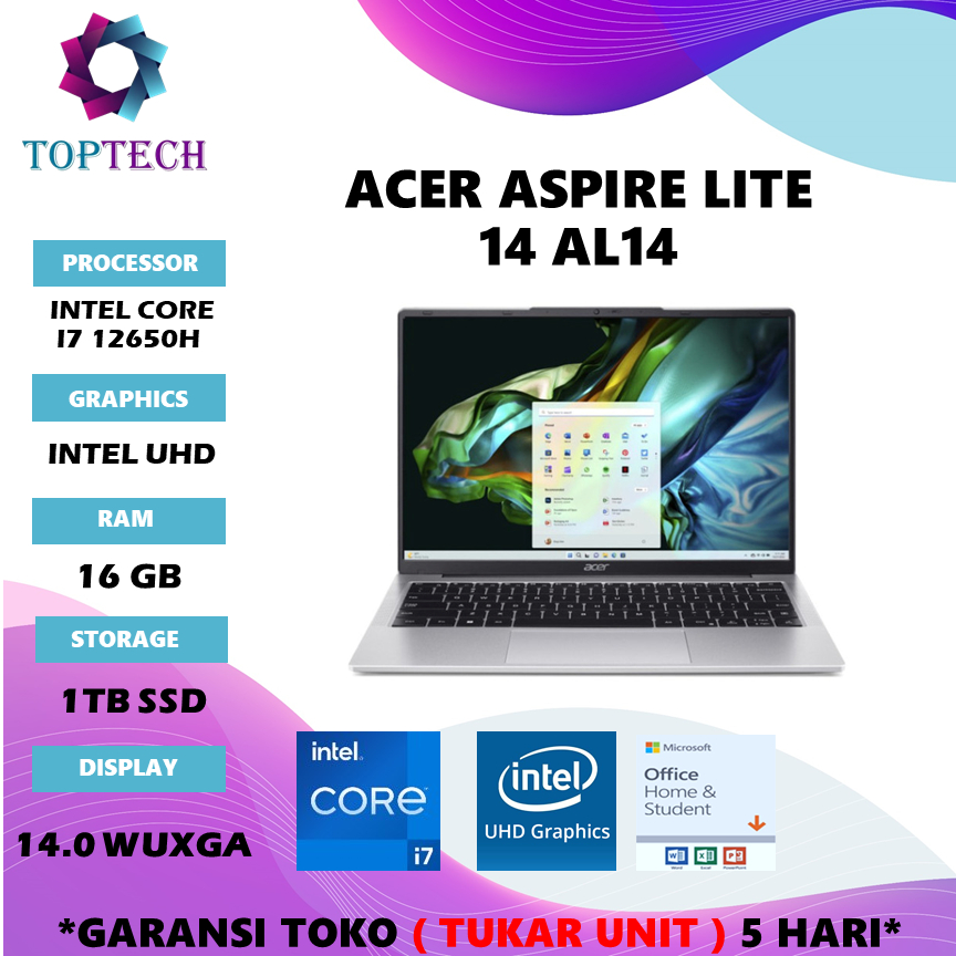 LAPTOP ACER ASPIRE LITE 14 AL14 I7 12650H RAM 16GB SSD 1TB W11+OHS 14.0WUXGA IPS