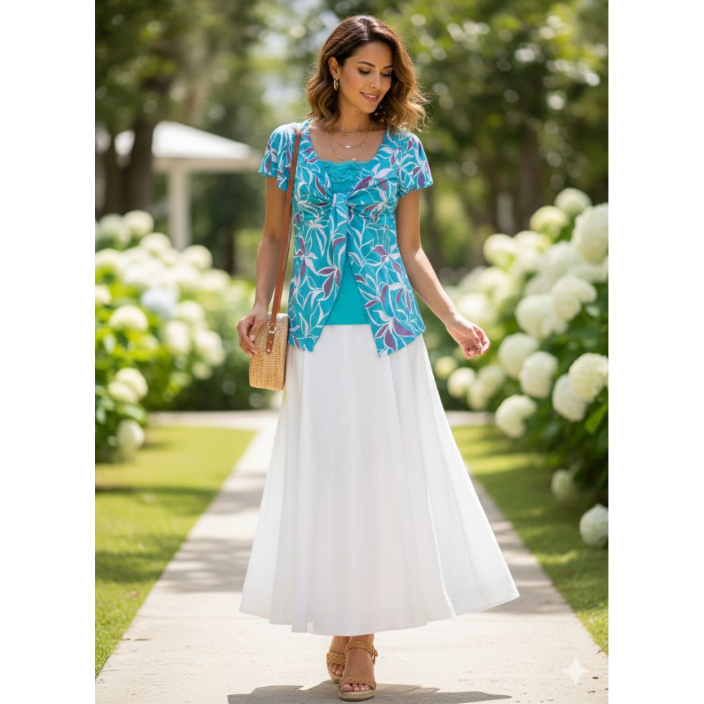 blouse motif bunga biru aksen renda