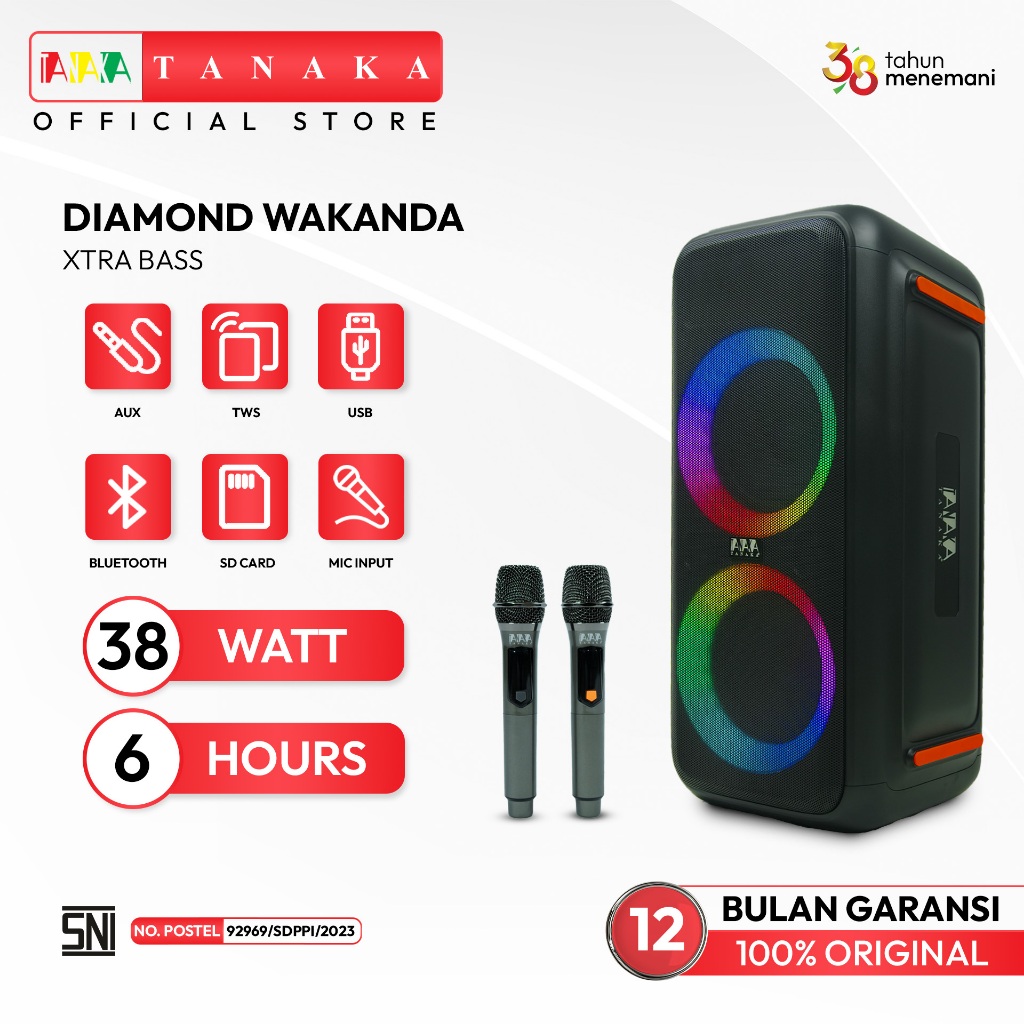 TANAKA Diamond Wakanda Xtra Bass Speaker Portable Bluetooth Indoor Karaoke Wireless Mic Garansi Resm