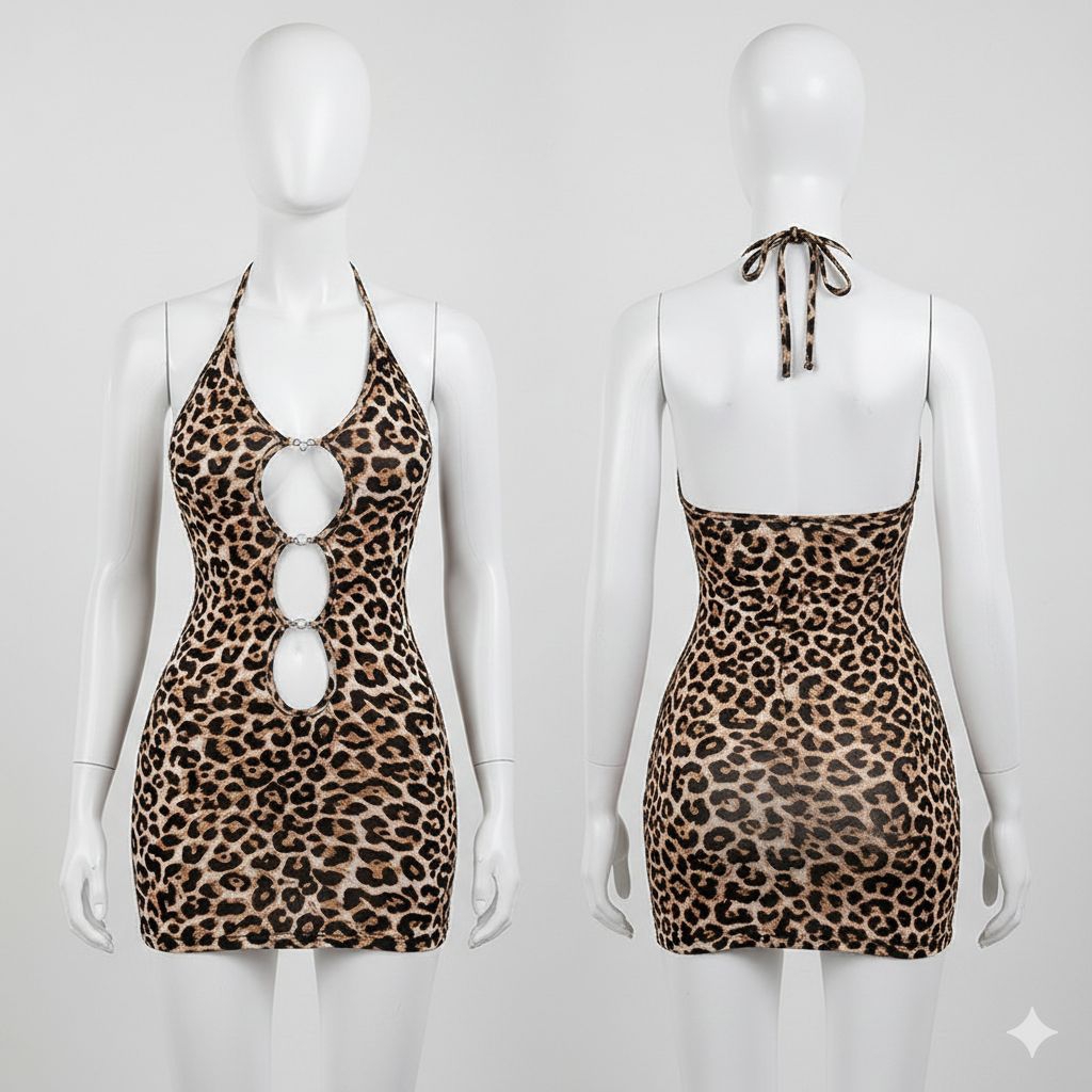 Sexy Mini Bodycon Dress Motif Macan Leopard Kait Depan